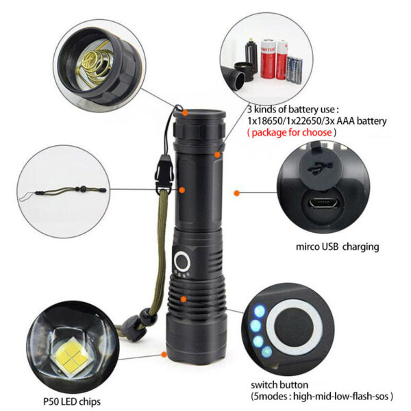 USB Charging Zoom P50 Flashlight - Image 7